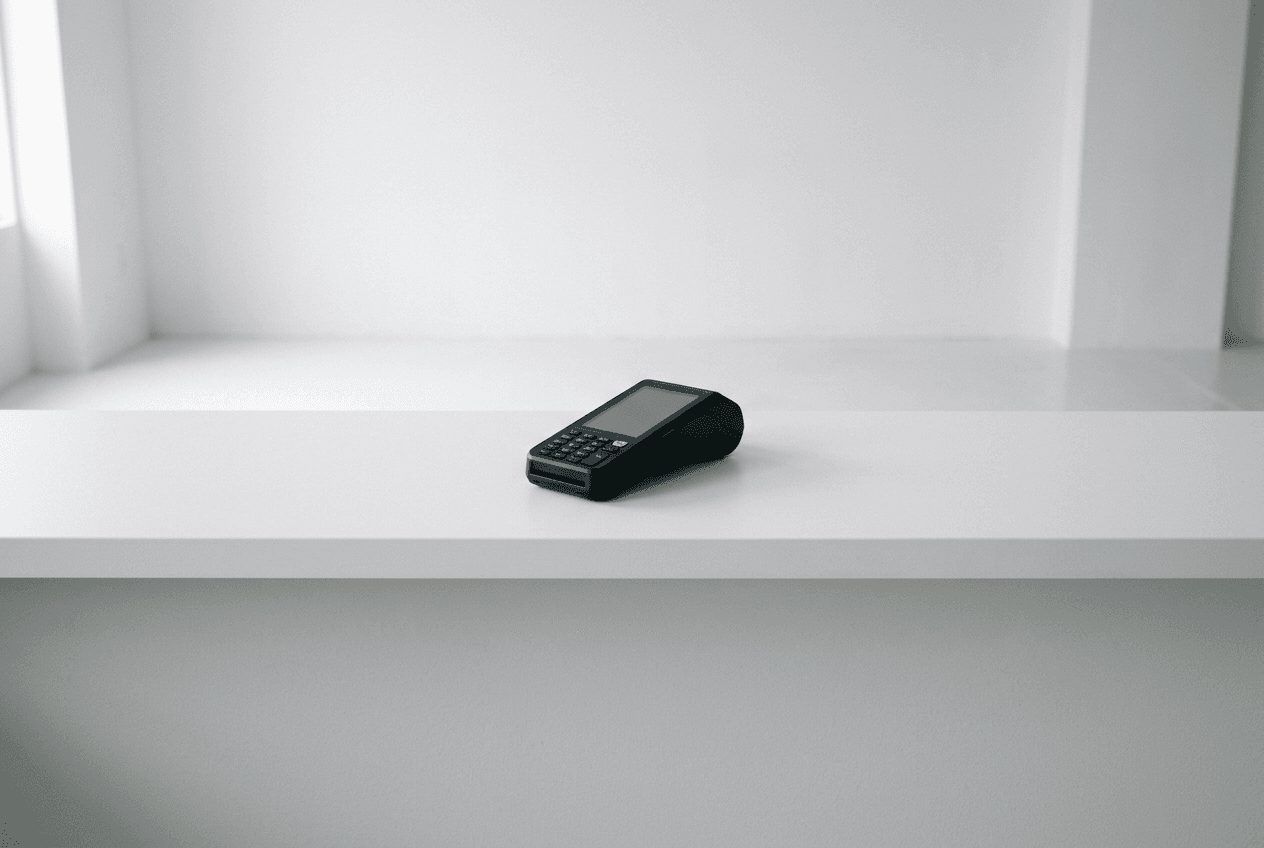 A black card terminal resting on a white counter