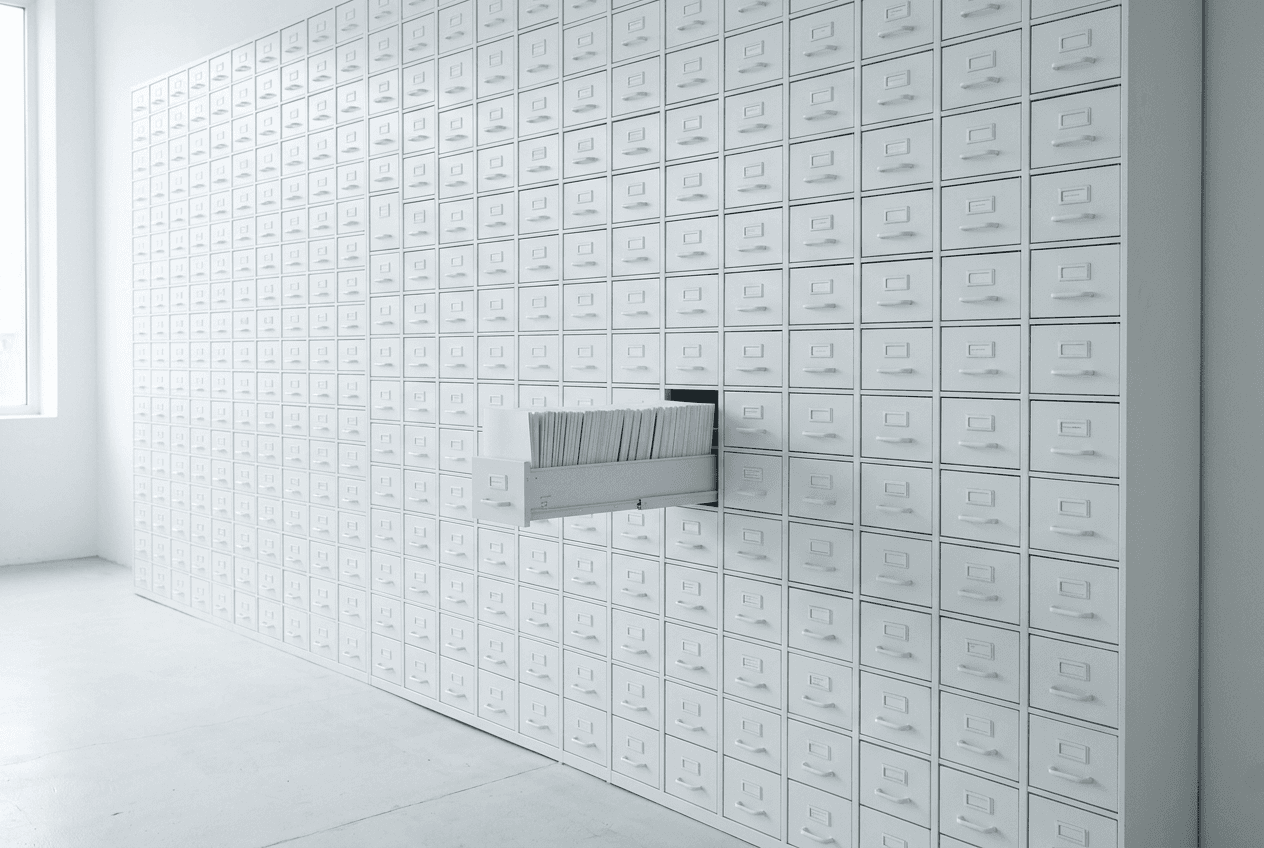 A wall of white archive drawers with one drawer open