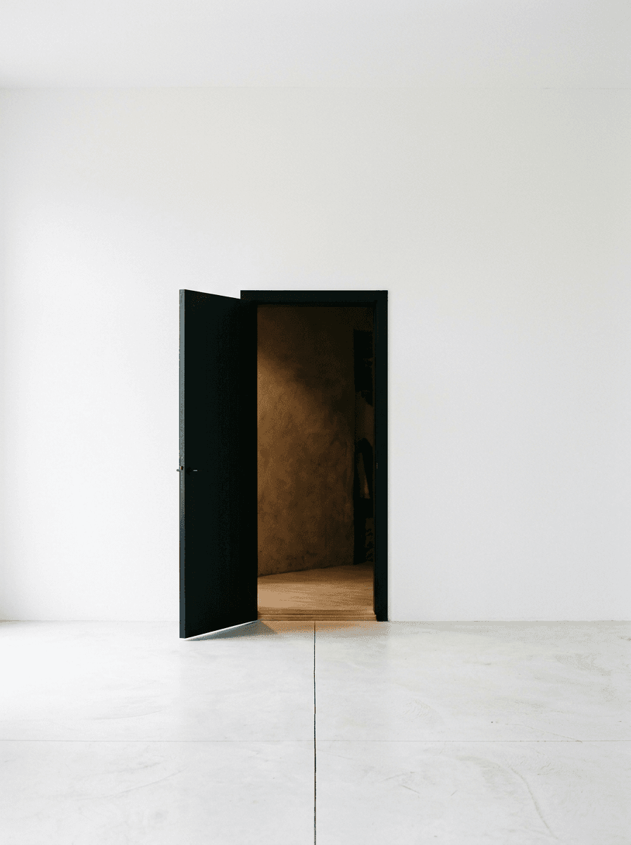 A black door standing open in a white wall