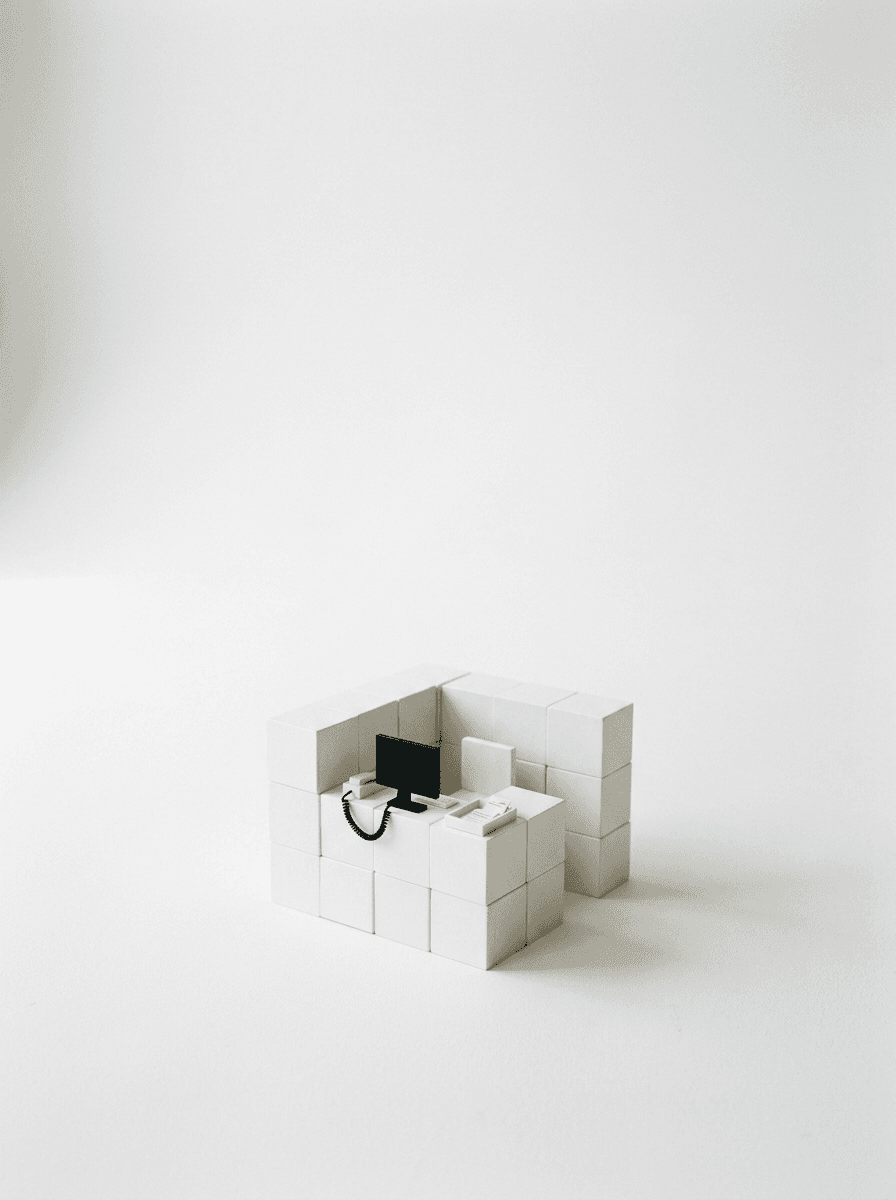 A tiny help desk built from white blocks, alone in a white room